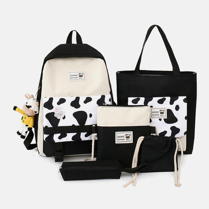 5 Szt. Płótno Preppy Cow Pattern Wielofunkcyjna Torba Kombinowana Plecak Tote Crossbody Bag Portfel Sprzęgła