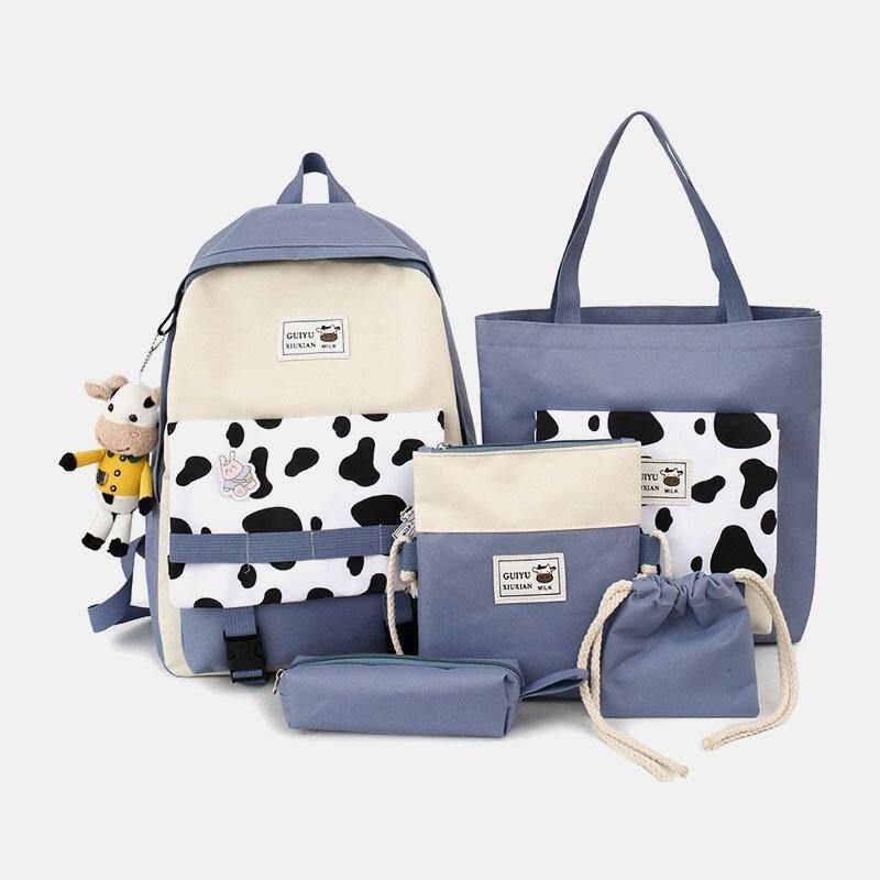 5 Szt. Płótno Preppy Cow Pattern Wielofunkcyjna Torba Kombinowana Plecak Tote Crossbody Bag Portfel Sprzęgła