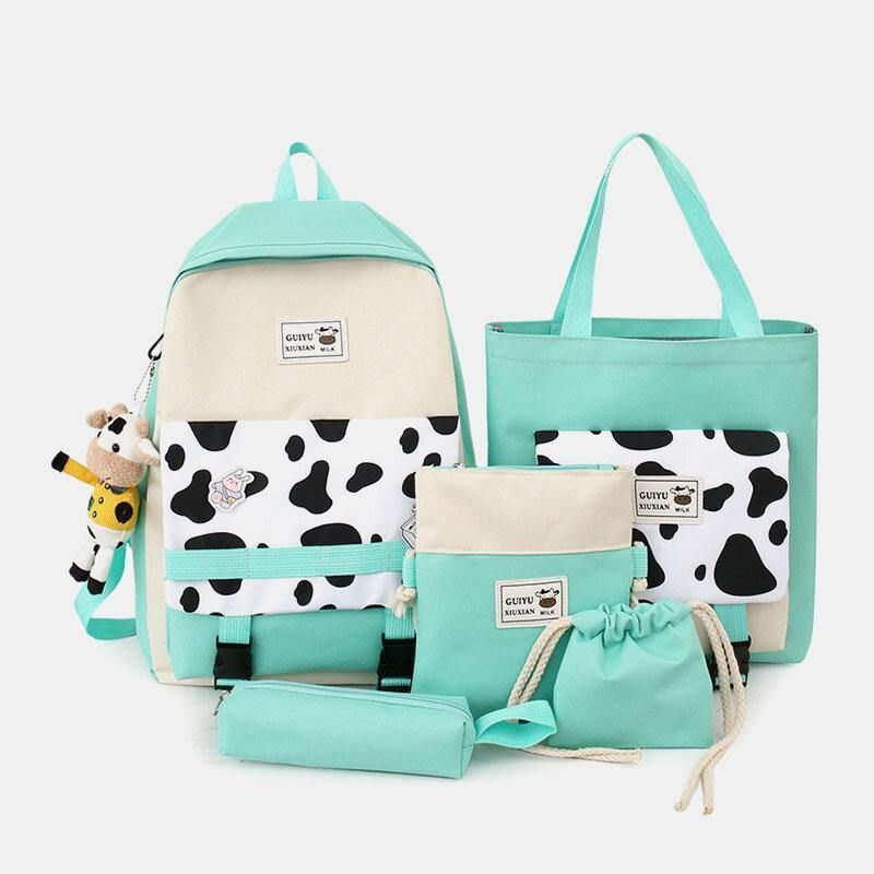 5 Szt. Płótno Preppy Cow Pattern Wielofunkcyjna Torba Kombinowana Plecak Tote Crossbody Bag Portfel Sprzęgła