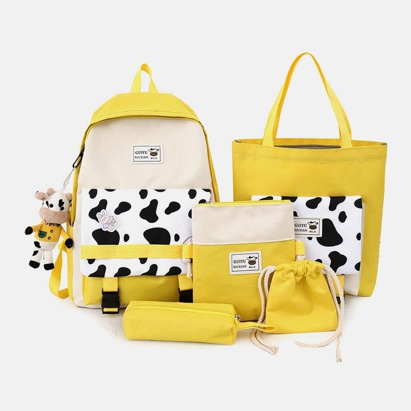 5 Szt. Płótno Preppy Cow Pattern Wielofunkcyjna Torba Kombinowana Plecak Tote Crossbody Bag Portfel Sprzęgła