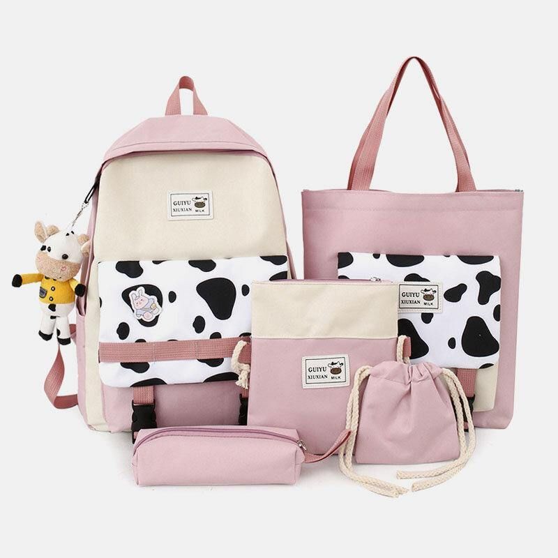 5 Szt. Płótno Preppy Cow Pattern Wielofunkcyjna Torba Kombinowana Plecak Tote Crossbody Bag Portfel Sprzęgła