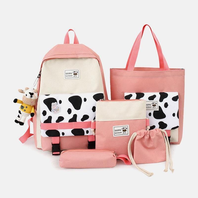 5 Szt. Płótno Preppy Cow Pattern Wielofunkcyjna Torba Kombinowana Plecak Tote Crossbody Bag Portfel Sprzęgła