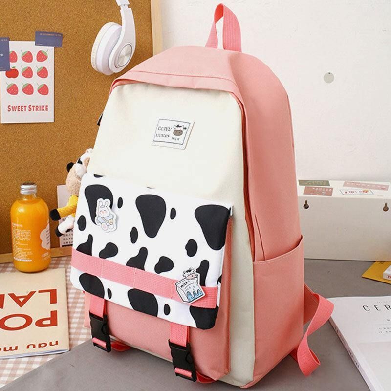 5 Szt. Płótno Preppy Cow Pattern Wielofunkcyjna Torba Kombinowana Plecak Tote Crossbody Bag Portfel Sprzęgła