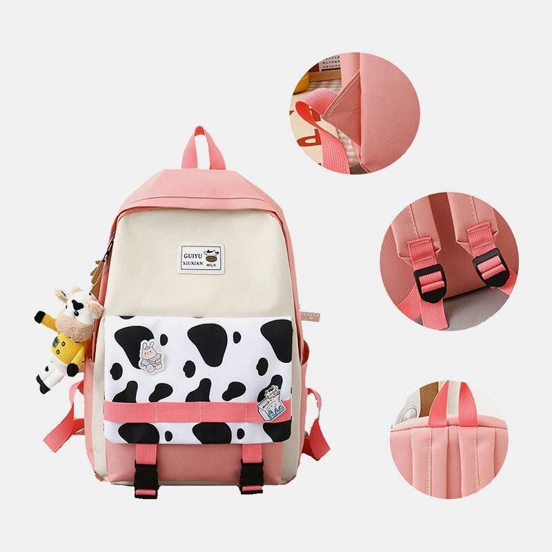 5 Szt. Płótno Preppy Cow Pattern Wielofunkcyjna Torba Kombinowana Plecak Tote Crossbody Bag Portfel Sprzęgła