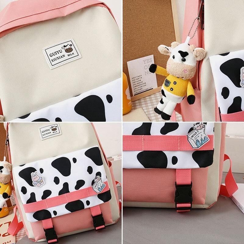 5 Szt. Płótno Preppy Cow Pattern Wielofunkcyjna Torba Kombinowana Plecak Tote Crossbody Bag Portfel Sprzęgła