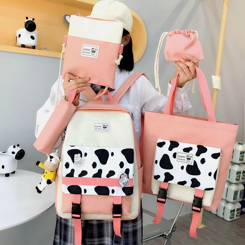 5 Szt. Płótno Preppy Cow Pattern Wielofunkcyjna Torba Kombinowana Plecak Tote Crossbody Bag Portfel Sprzęgła