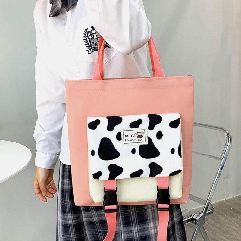 5 Szt. Płótno Preppy Cow Pattern Wielofunkcyjna Torba Kombinowana Plecak Tote Crossbody Bag Portfel Sprzęgła