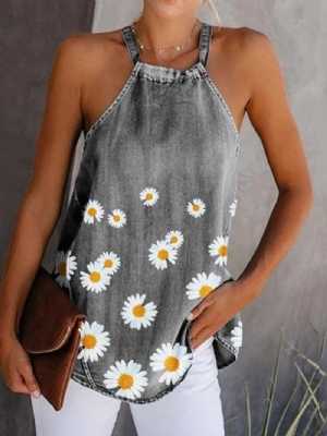 Daisy Floral Print Halter Kobiety Codzienne Denim Tank Tops