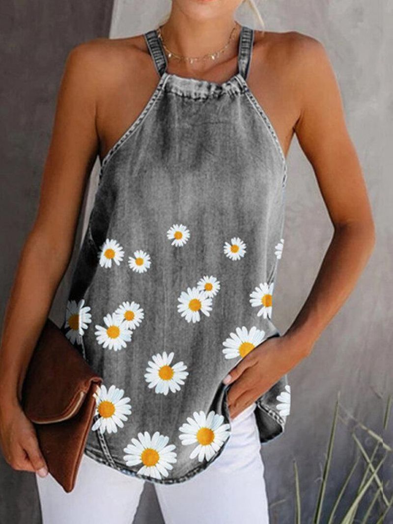 Daisy Floral Print Halter Kobiety Codzienne Denim Tank Tops