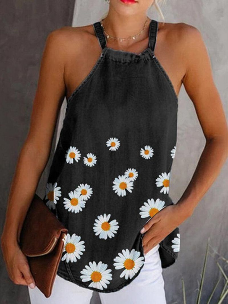 Daisy Floral Print Halter Kobiety Codzienne Denim Tank Tops