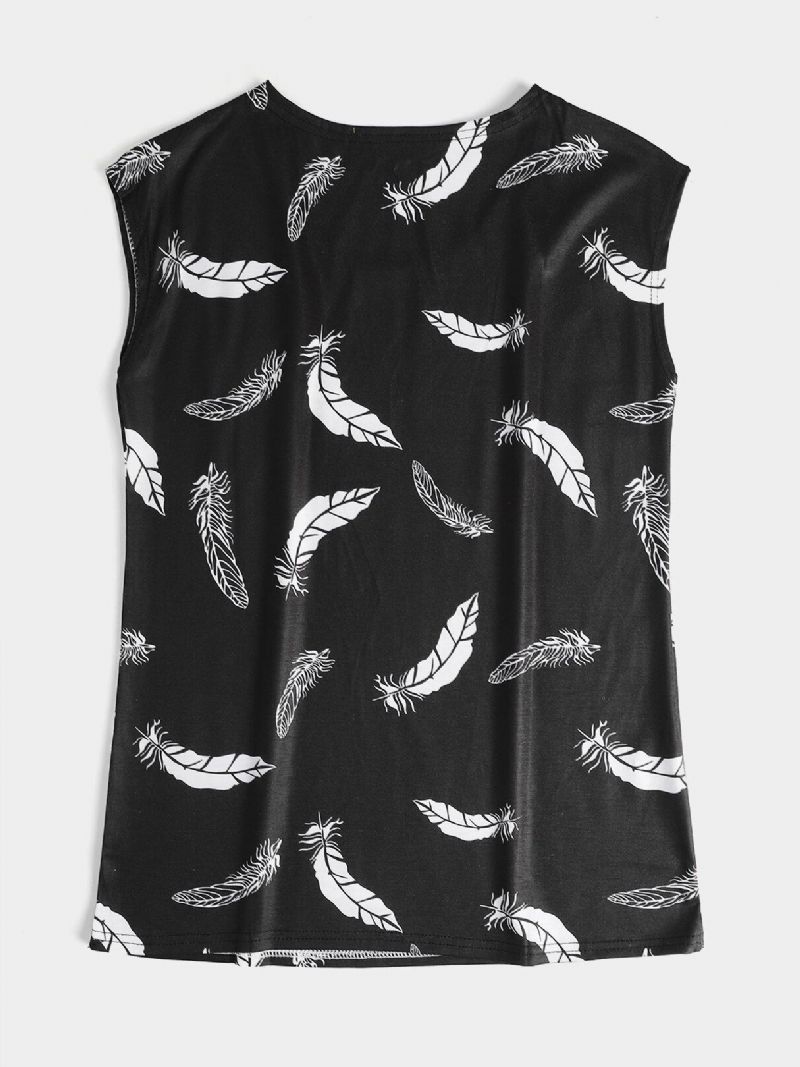 Feather Print Okrągły Dekolt Bez Rękawów Luźny Damski Top Na Co Dzień