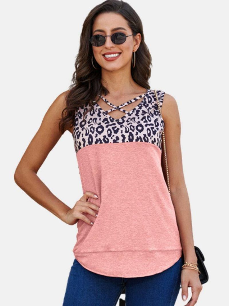 Leopard Print Patchwork V-Neck Bez Rękawów Kobiety Codzienne Tank Tops