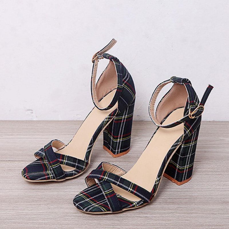 Kobiety Plaid Cross Strap Krata Decor Klamra Sandały Na Wysokim Obcasie