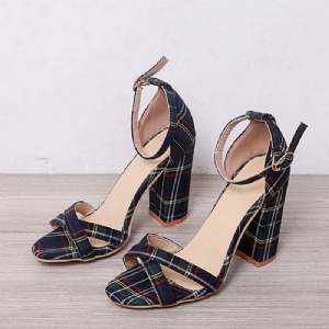 Kobiety Plaid Cross Strap Krata Decor Klamra Sandały Na Wysokim Obcasie