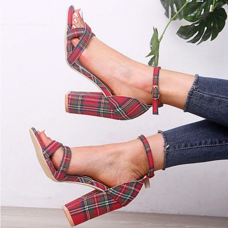 Kobiety Plaid Cross Strap Krata Decor Klamra Sandały Na Wysokim Obcasie