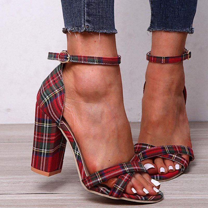 Kobiety Plaid Cross Strap Krata Decor Klamra Sandały Na Wysokim Obcasie