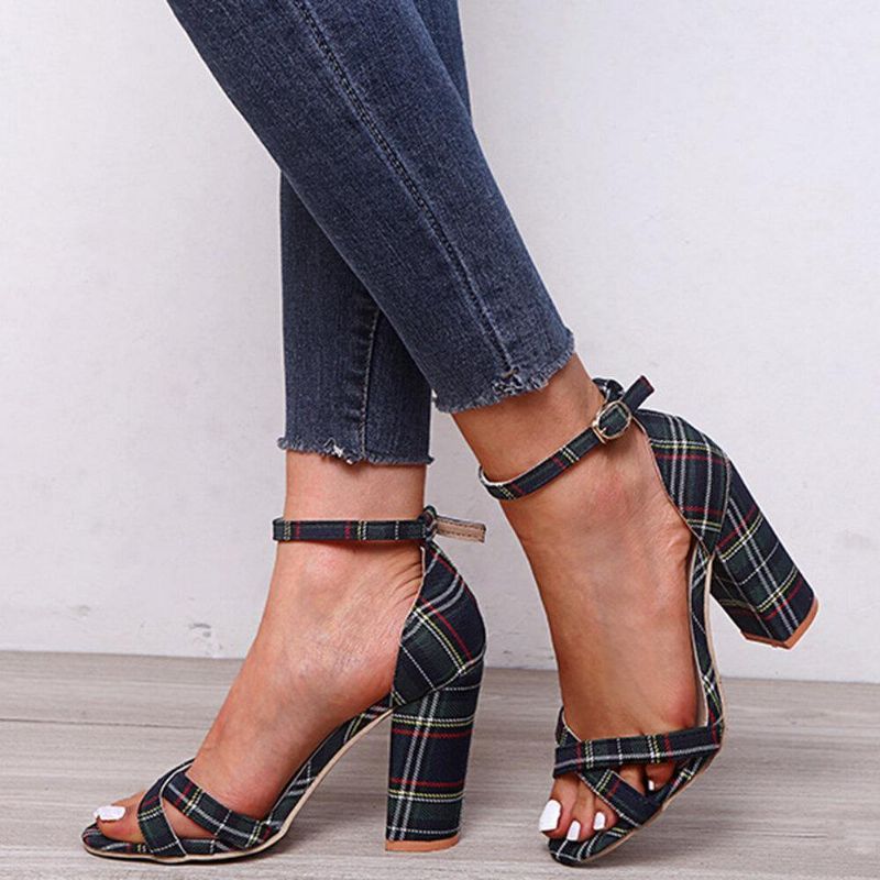 Kobiety Plaid Cross Strap Krata Decor Klamra Sandały Na Wysokim Obcasie