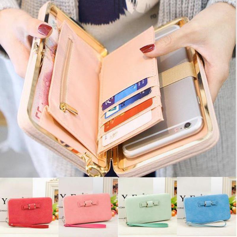 Kobiety Candy Color Bowkot 5.5 Cala Portfele Na Telefon Etui Hasp Long Purse Clutches