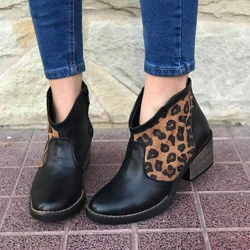 Casualowe Łączenie Leopard Side Zipper Chunky Heel Cowboy Botki Dla Kobiet