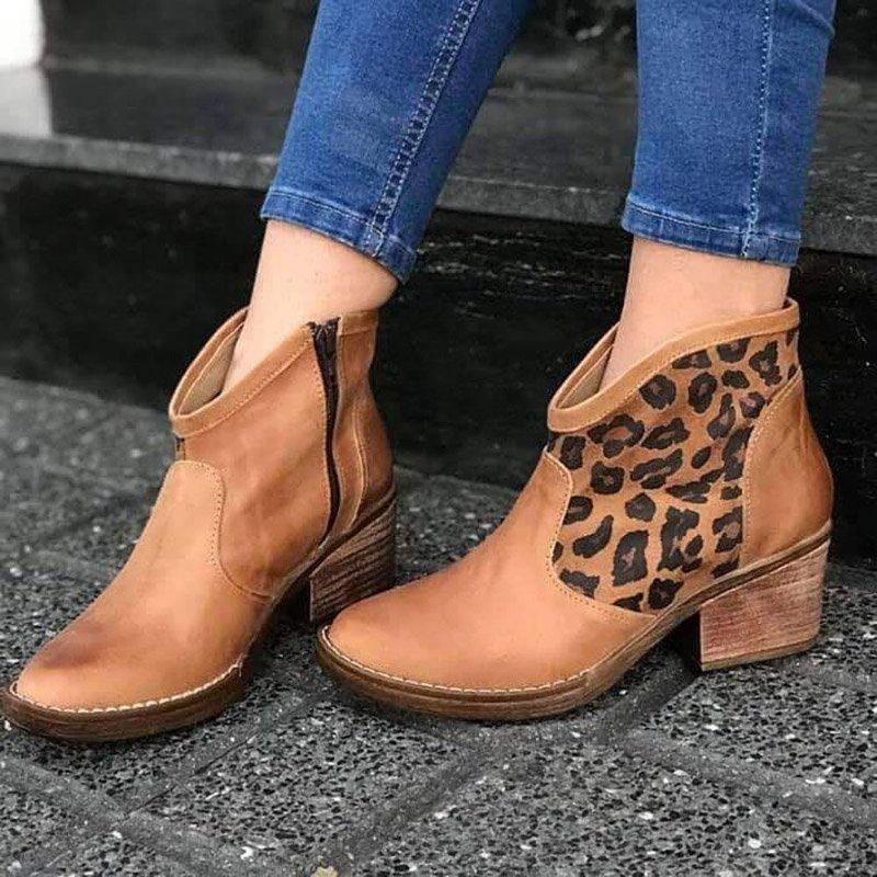 Casualowe Łączenie Leopard Side Zipper Chunky Heel Cowboy Botki Dla Kobiet