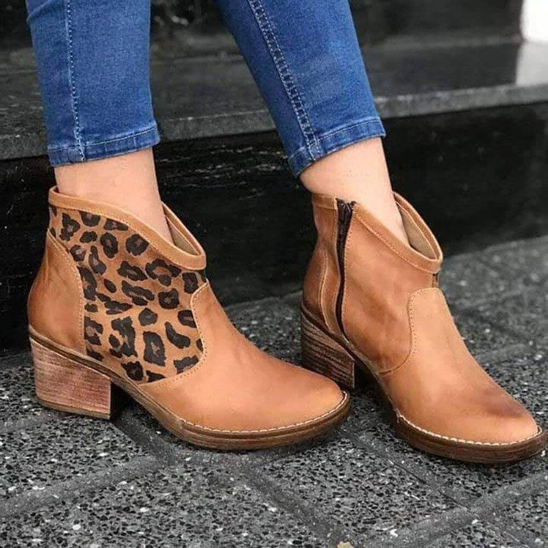 Casualowe Łączenie Leopard Side Zipper Chunky Heel Cowboy Botki Dla Kobiet