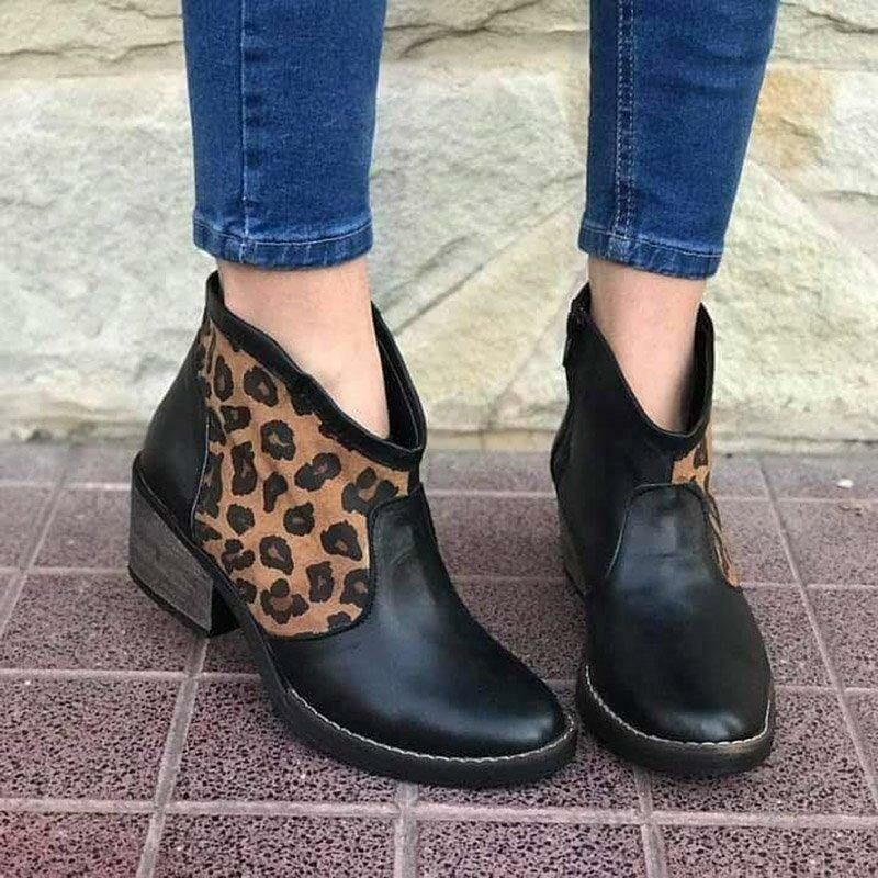 Casualowe Łączenie Leopard Side Zipper Chunky Heel Cowboy Botki Dla Kobiet